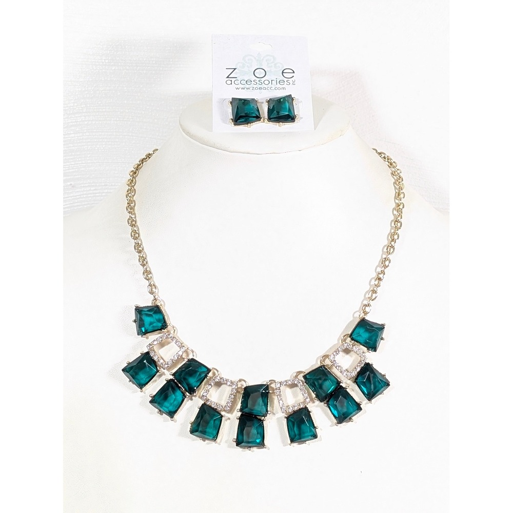 New Zoe Accessories Emerald Green Statement Necklace Earring Set Rhinestone NWT‎